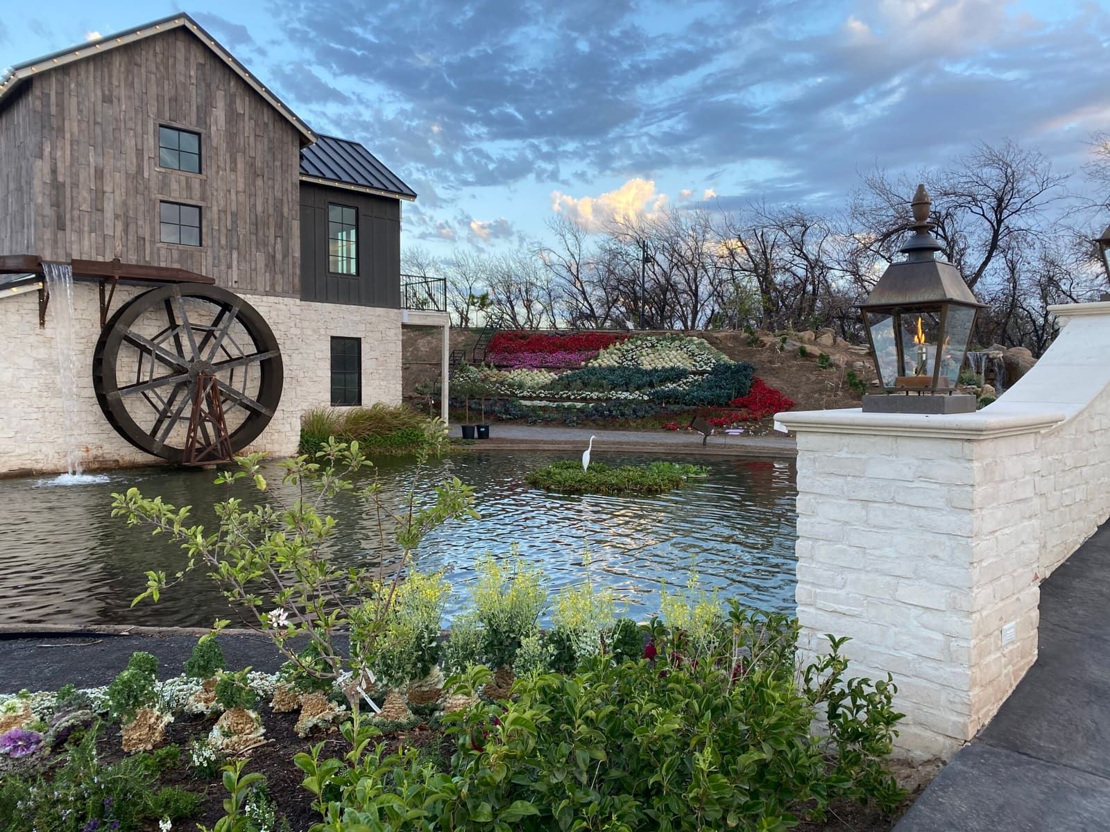 A white egret standing in the lake below the planted hillside, the waterwheel and millhouse at the left