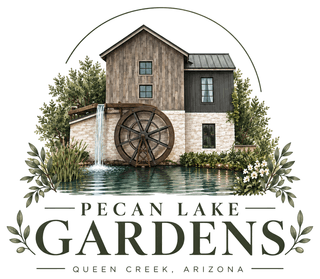 Pecan Lake Gardens logo: a stone millhouse with a waterwheel beside a lake